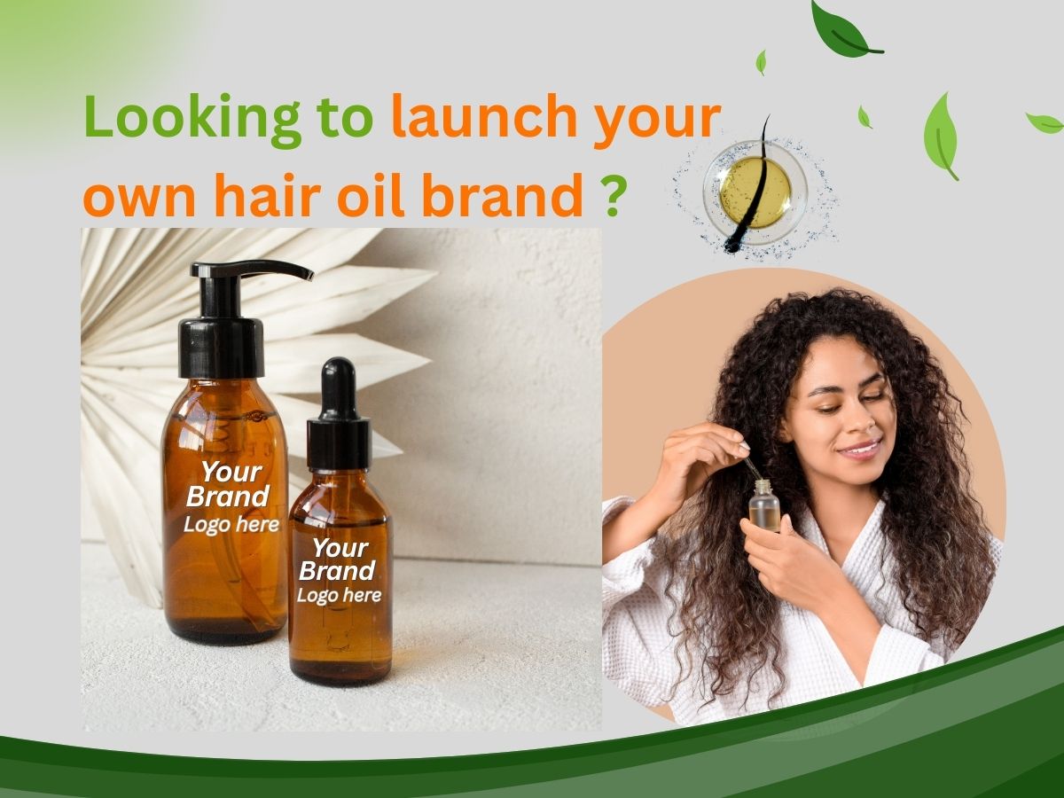 Hair oil manufacturing bottles with custom branding and woman applying herbal hair oil